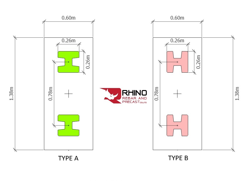 การวางหน้าตัดเสาเข็มรูปไอในฐานราก F2 แบบ TYPE A และ TYPE B